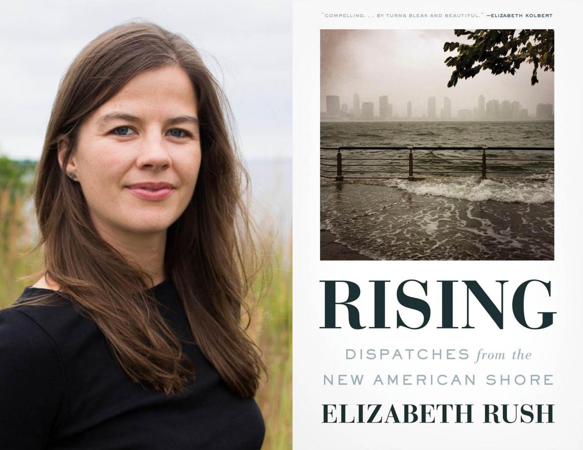 Headshot of Elizabeth Rush next to the cover of her book