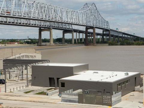birds eye view of Tulane River and Coastal Center with bridge in background 