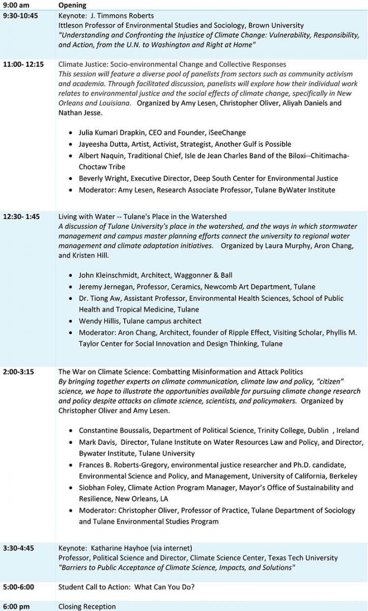 Tulane Climate Action Day schedule Tuesday, January 30, 2018 from 9 am to 6 pm